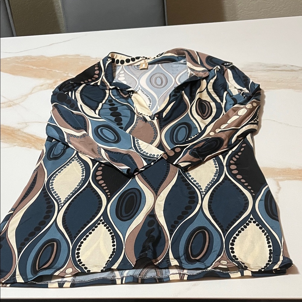 One Clothing Blue and Brown Patterned Blouse